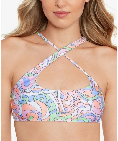 Juniors' Printed Crisscross-Strap Bikini Top Retro Waves Multi $16.10 Swimsuits