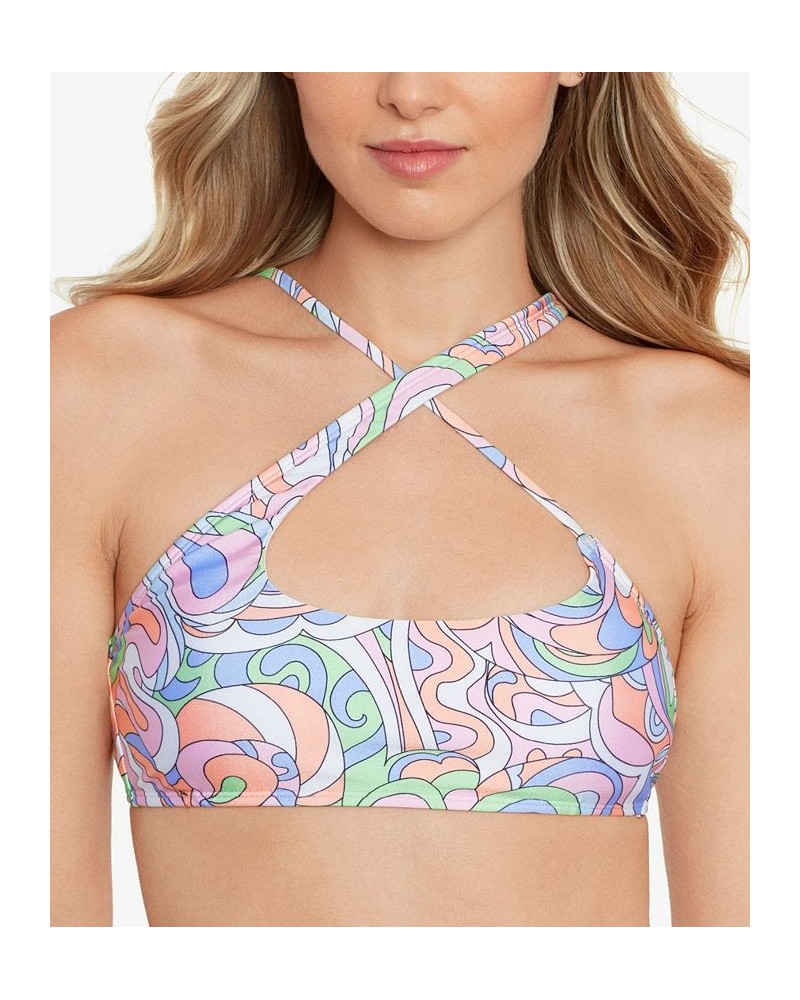 Juniors' Printed Crisscross-Strap Bikini Top Retro Waves Multi $16.10 Swimsuits