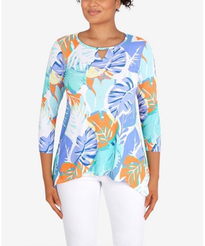 Petite Knit Graphic Tropical Print Top Blue $29.44 Tops