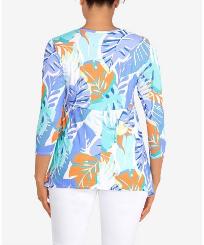 Petite Knit Graphic Tropical Print Top Blue $29.44 Tops