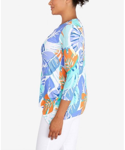 Petite Knit Graphic Tropical Print Top Blue $29.44 Tops