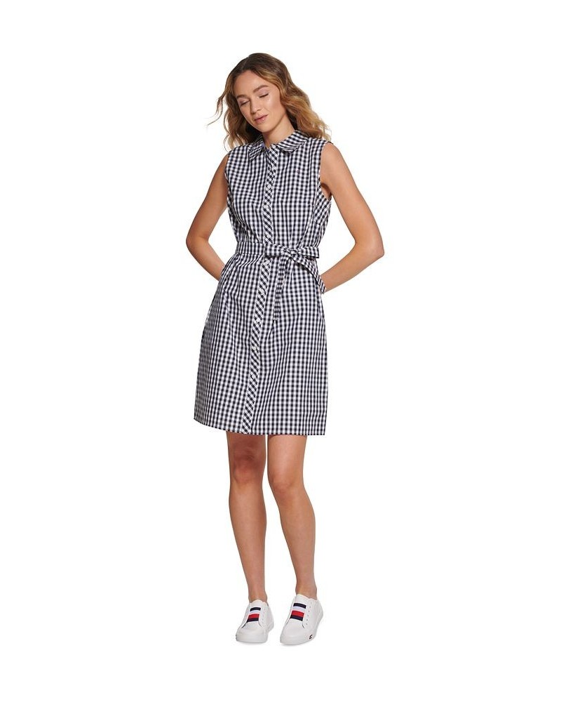 Women's Gingham-Print Belted Woven Dress Blue $30.11 Dresses