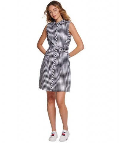 Women's Gingham-Print Belted Woven Dress Blue $30.11 Dresses