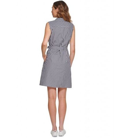 Women's Gingham-Print Belted Woven Dress Blue $30.11 Dresses