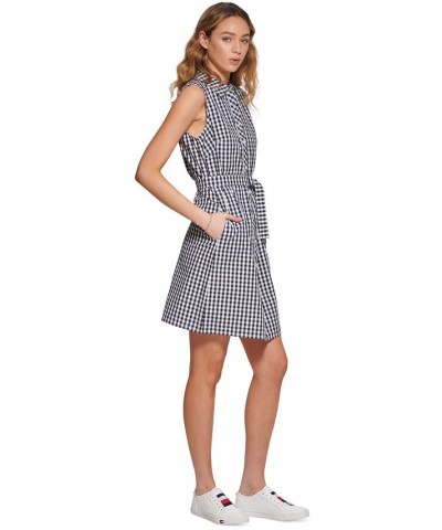 Women's Gingham-Print Belted Woven Dress Blue $30.11 Dresses