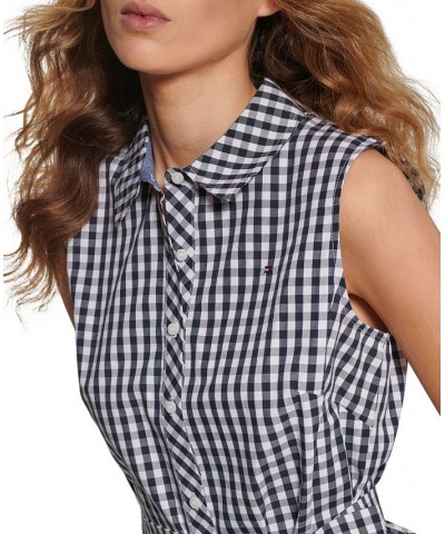 Women's Gingham-Print Belted Woven Dress Blue $30.11 Dresses