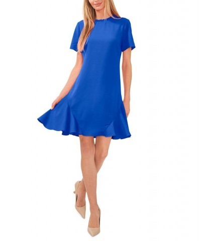 Women's A-Line Ruffled Neck Dress Blue $32.66 Dresses