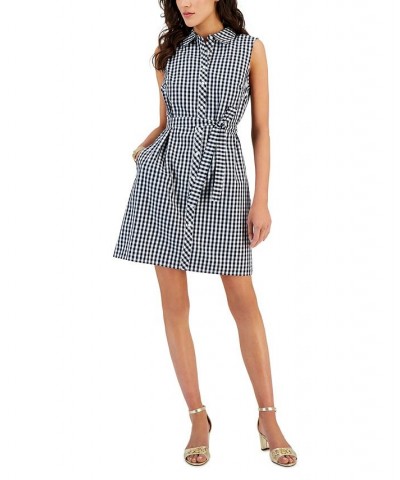 Women's Gingham-Print Belted Woven Dress Blue $30.11 Dresses