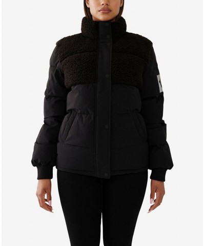 Women's Blocked Sherpa Puffer Jacket Jet Black $59.39 Jackets