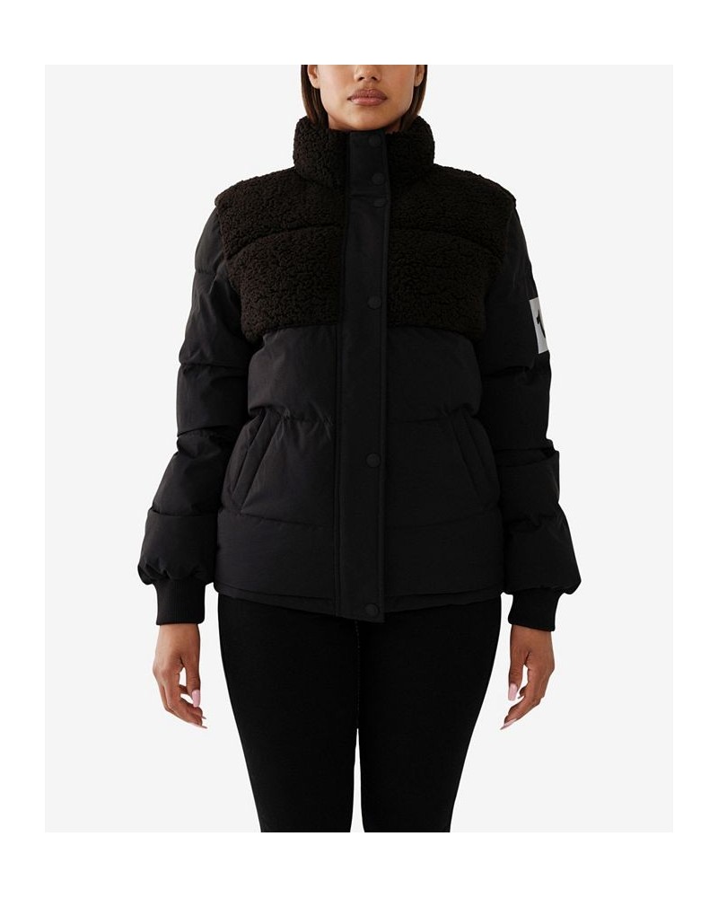 Women's Blocked Sherpa Puffer Jacket Jet Black $59.39 Jackets