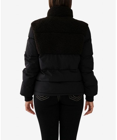 Women's Blocked Sherpa Puffer Jacket Jet Black $59.39 Jackets