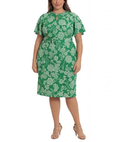 Plus Size Flutter-Sleeve Belted Sheath Dress Green/Ivory $51.23 Dresses