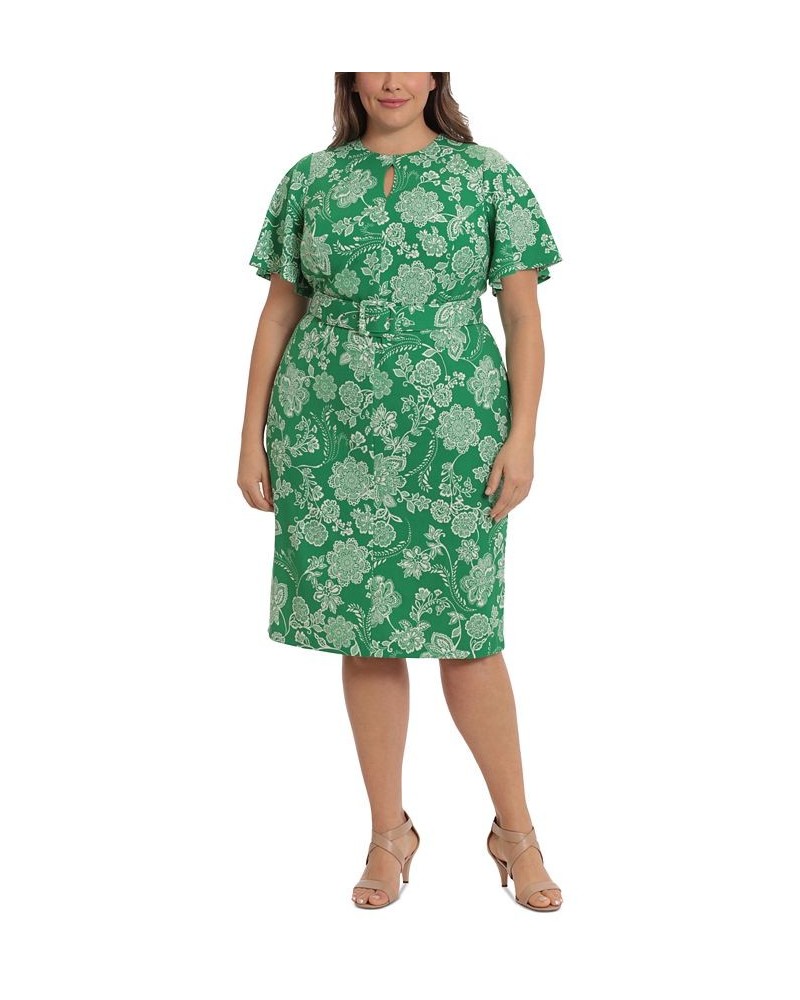 Plus Size Flutter-Sleeve Belted Sheath Dress Green/Ivory $51.23 Dresses