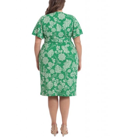 Plus Size Flutter-Sleeve Belted Sheath Dress Green/Ivory $51.23 Dresses