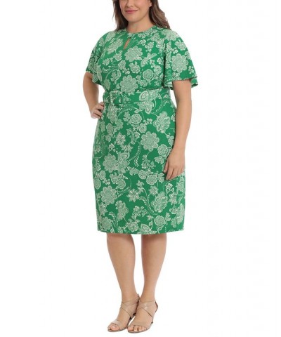 Plus Size Flutter-Sleeve Belted Sheath Dress Green/Ivory $51.23 Dresses