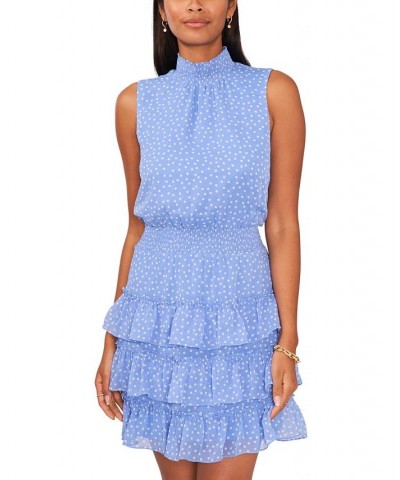 Women's Printed Sleeveless Smocked Neck Dress White/Blue $25.25 Dresses