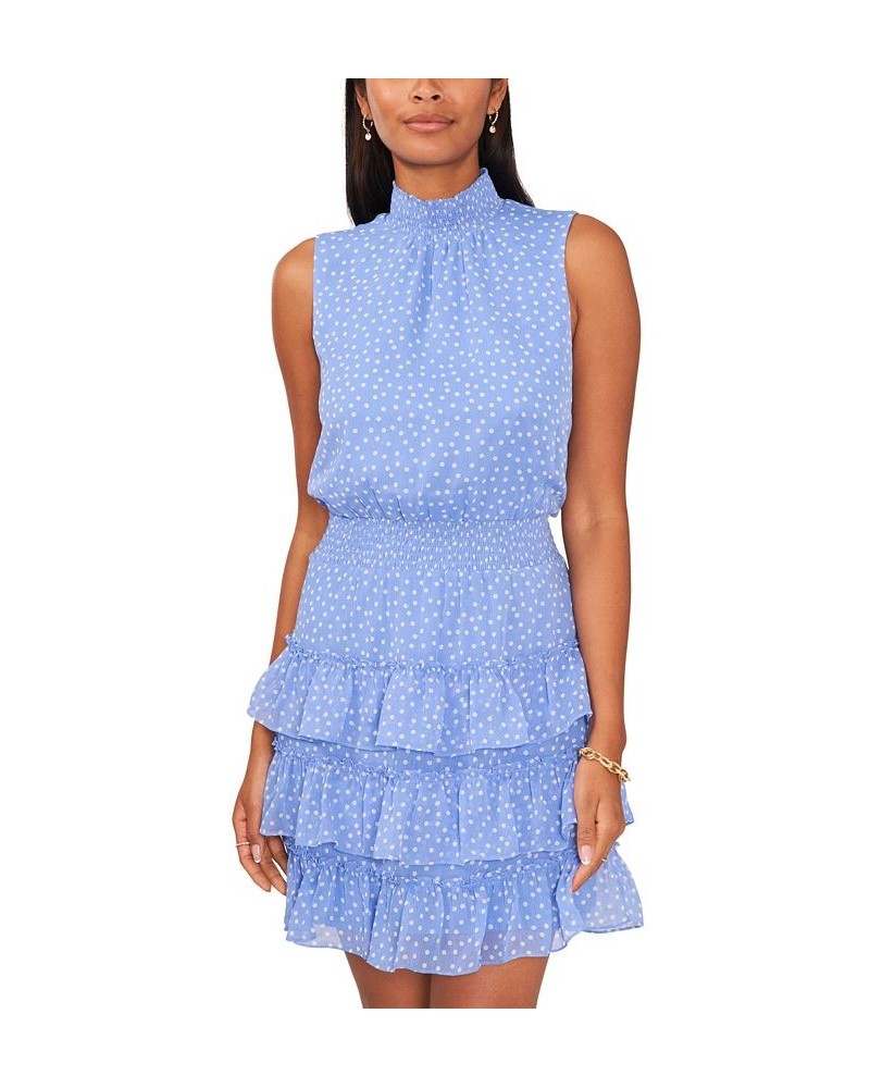 Women's Printed Sleeveless Smocked Neck Dress White/Blue $25.25 Dresses