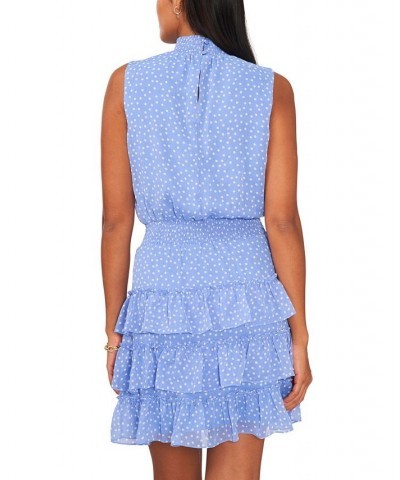 Women's Printed Sleeveless Smocked Neck Dress White/Blue $25.25 Dresses