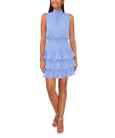 Women's Printed Sleeveless Smocked Neck Dress White/Blue $25.25 Dresses