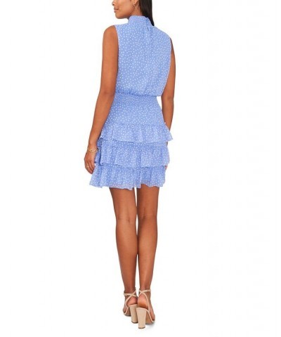 Women's Printed Sleeveless Smocked Neck Dress White/Blue $25.25 Dresses