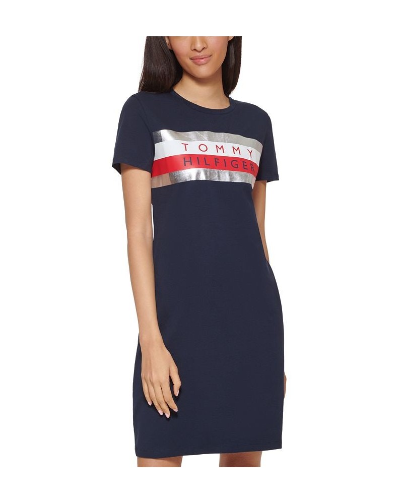 Women's Short-Sleeve Foil Logo Dress Blue $20.85 Dresses