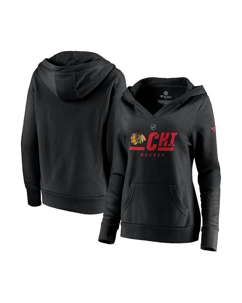 Women's Branded Black Chicago Blackhawks Authentic Pro Secondary Logo V-Neck Pullover Hoodie Black $35.25 Sweatshirts