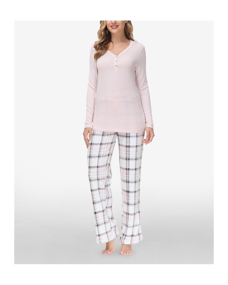 Women's Henley Top with Microlight Lounge Pant Set 2 Piece Arcticplaid Pink $29.54 Sleepwear