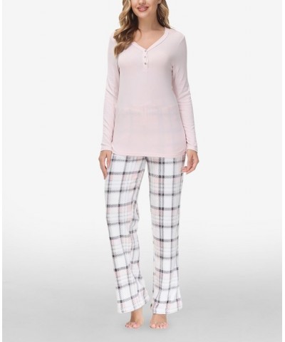 Women's Henley Top with Microlight Lounge Pant Set 2 Piece Arcticplaid Pink $29.54 Sleepwear