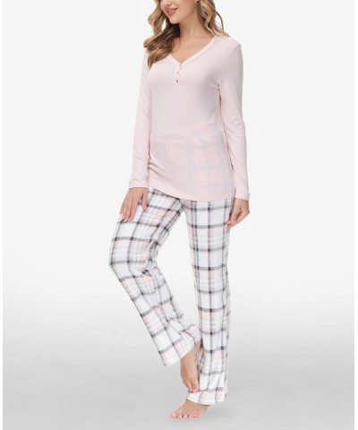 Women's Henley Top with Microlight Lounge Pant Set 2 Piece Arcticplaid Pink $29.54 Sleepwear