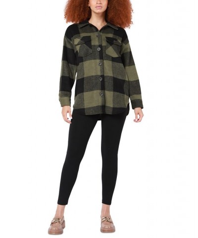 Women's Plaid Button-Front Shacket Olive Black Check $43.45 Jackets