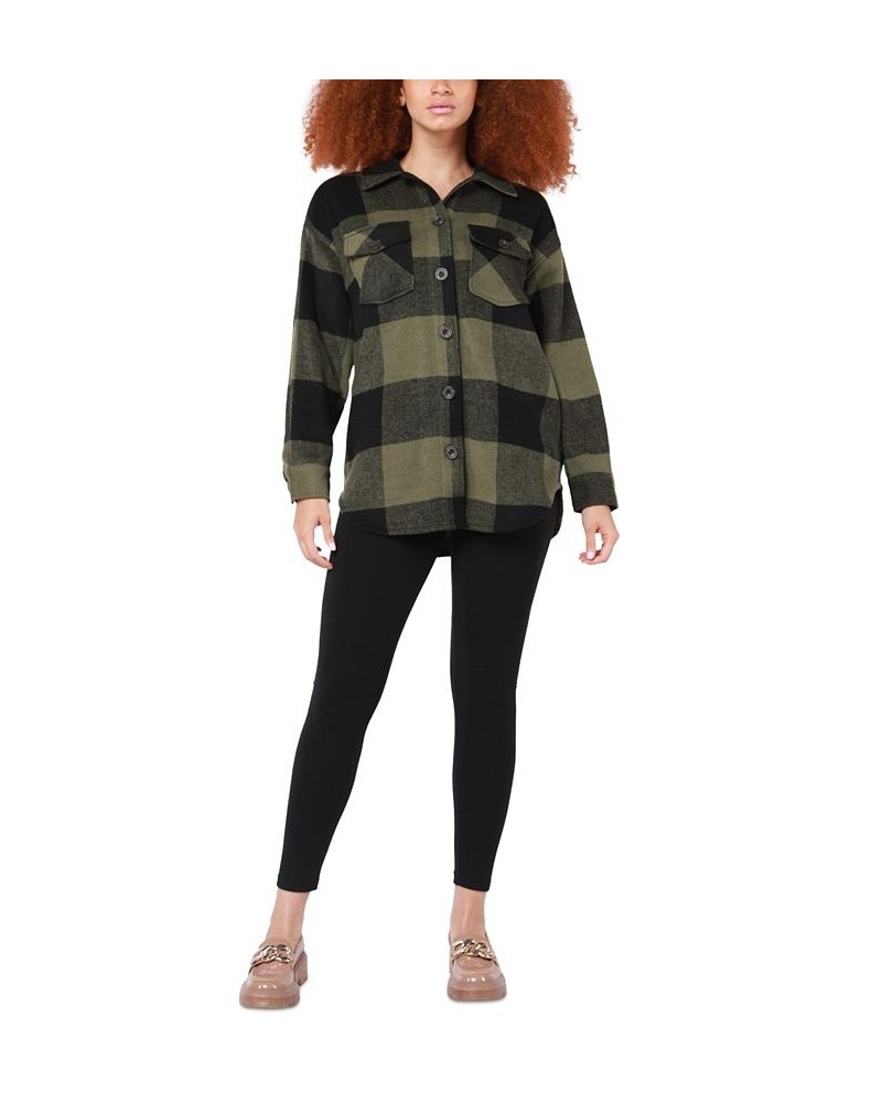 Women's Plaid Button-Front Shacket Olive Black Check $43.45 Jackets