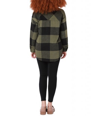 Women's Plaid Button-Front Shacket Olive Black Check $43.45 Jackets