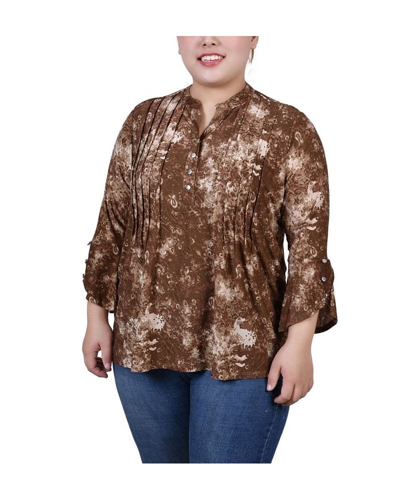 Plus Size 3/4 Sleeve Overlapped Bell Sleeve Y-Neck Top Taupe Geobreeze $12.26 Tops