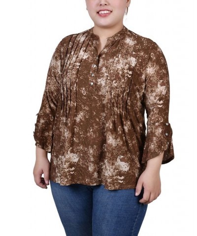 Plus Size 3/4 Sleeve Overlapped Bell Sleeve Y-Neck Top Taupe Geobreeze $12.26 Tops