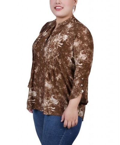 Plus Size 3/4 Sleeve Overlapped Bell Sleeve Y-Neck Top Taupe Geobreeze $12.26 Tops