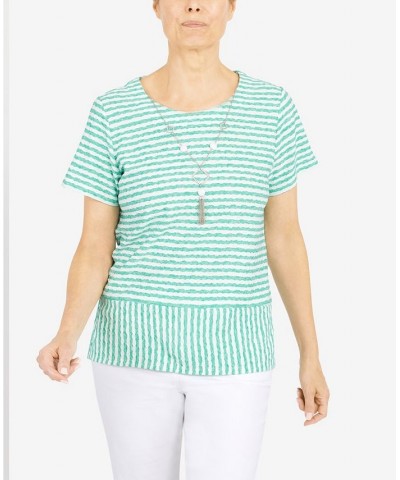 Women's Classics Stripe Texture Knit Short Sleeve Top with Necklace Sea Green $32.25 Tops