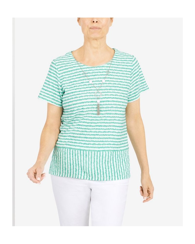 Women's Classics Stripe Texture Knit Short Sleeve Top with Necklace Sea Green $32.25 Tops