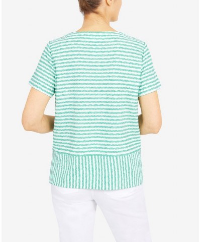 Women's Classics Stripe Texture Knit Short Sleeve Top with Necklace Sea Green $32.25 Tops