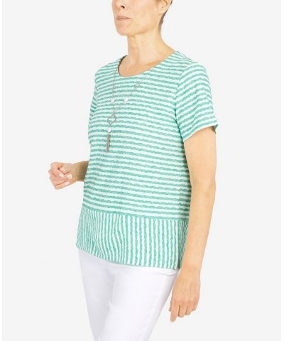 Women's Classics Stripe Texture Knit Short Sleeve Top with Necklace Sea Green $32.25 Tops