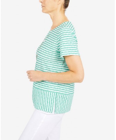 Women's Classics Stripe Texture Knit Short Sleeve Top with Necklace Sea Green $32.25 Tops