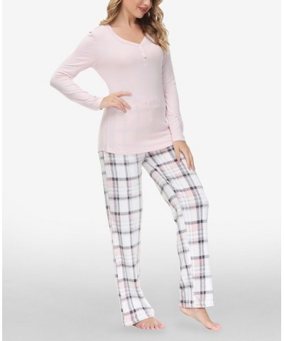 Women's Henley Top with Microlight Lounge Pant Set 2 Piece Arcticplaid Pink $29.54 Sleepwear