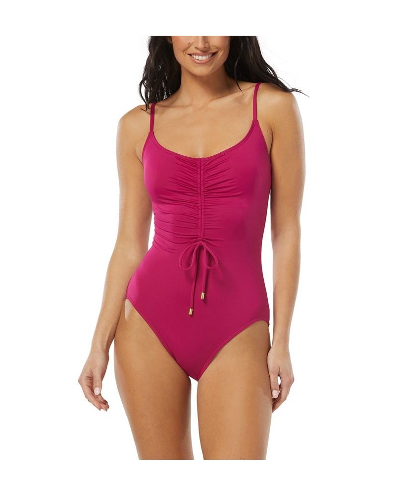 Women's Cinched-Front V-Neck One-Piece Swimsuit Pink $46.08 Swimsuits