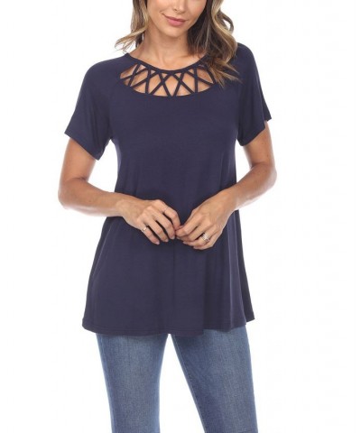 Women's Crisscross Cutout Short Sleeve Top Blue $31.62 Tops