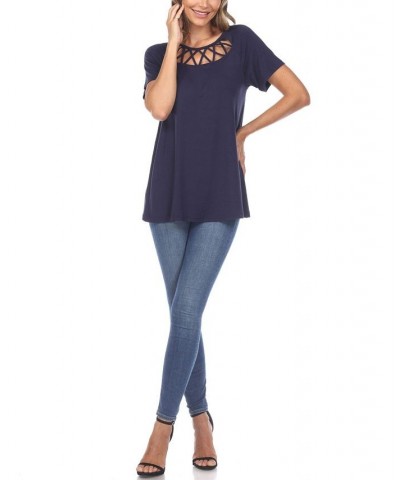 Women's Crisscross Cutout Short Sleeve Top Blue $31.62 Tops