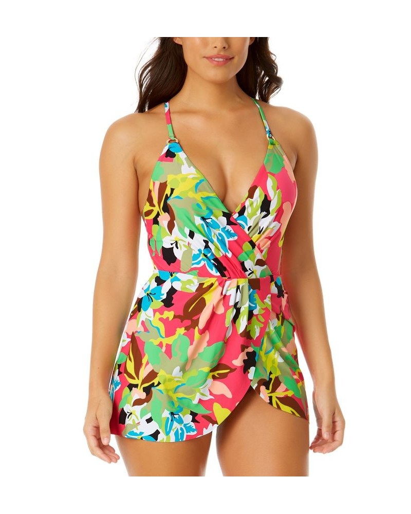 Women's Printed Surplice-Front Swim Dress Pink Multi Foral $44.80 Swimsuits