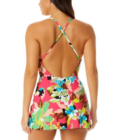 Women's Printed Surplice-Front Swim Dress Pink Multi Foral $44.80 Swimsuits