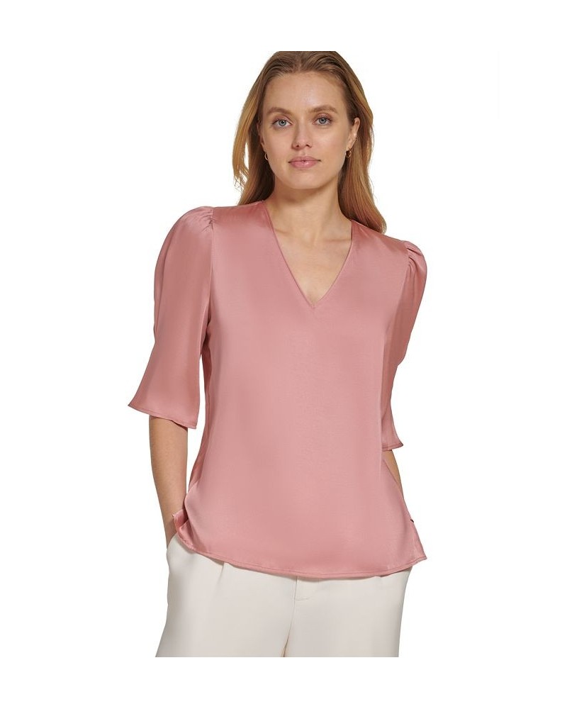 Women's V-Neck Elbow-Length-Sleeve Satin Top Pink $28.90 Tops