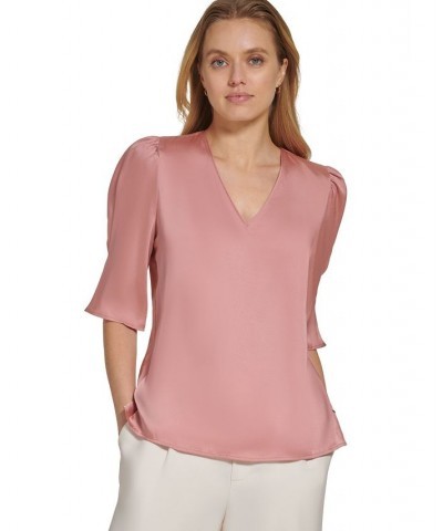 Women's V-Neck Elbow-Length-Sleeve Satin Top Pink $28.90 Tops