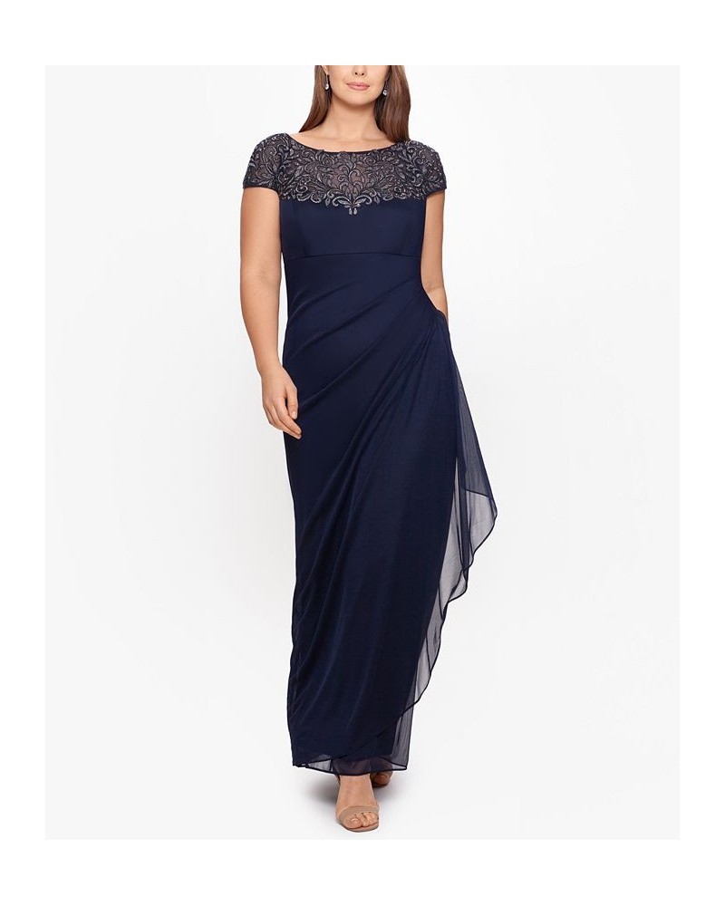 Plus Size Embellished Illusion-Yoke Gown Navy Blue/Gunmetal $74.70 Dresses