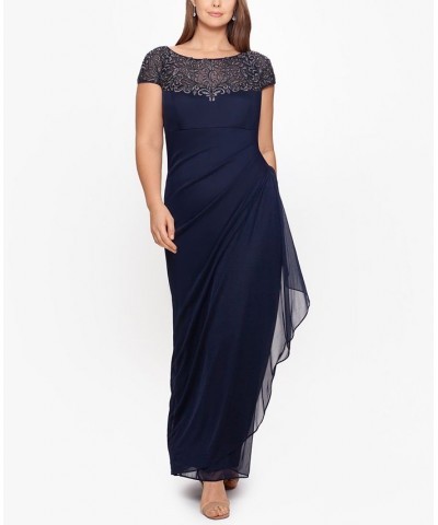 Plus Size Embellished Illusion-Yoke Gown Navy Blue/Gunmetal $74.70 Dresses